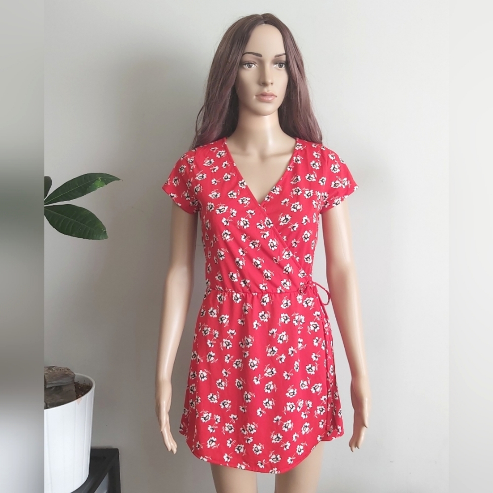 Pull & Bear red floral wrap romper shorts